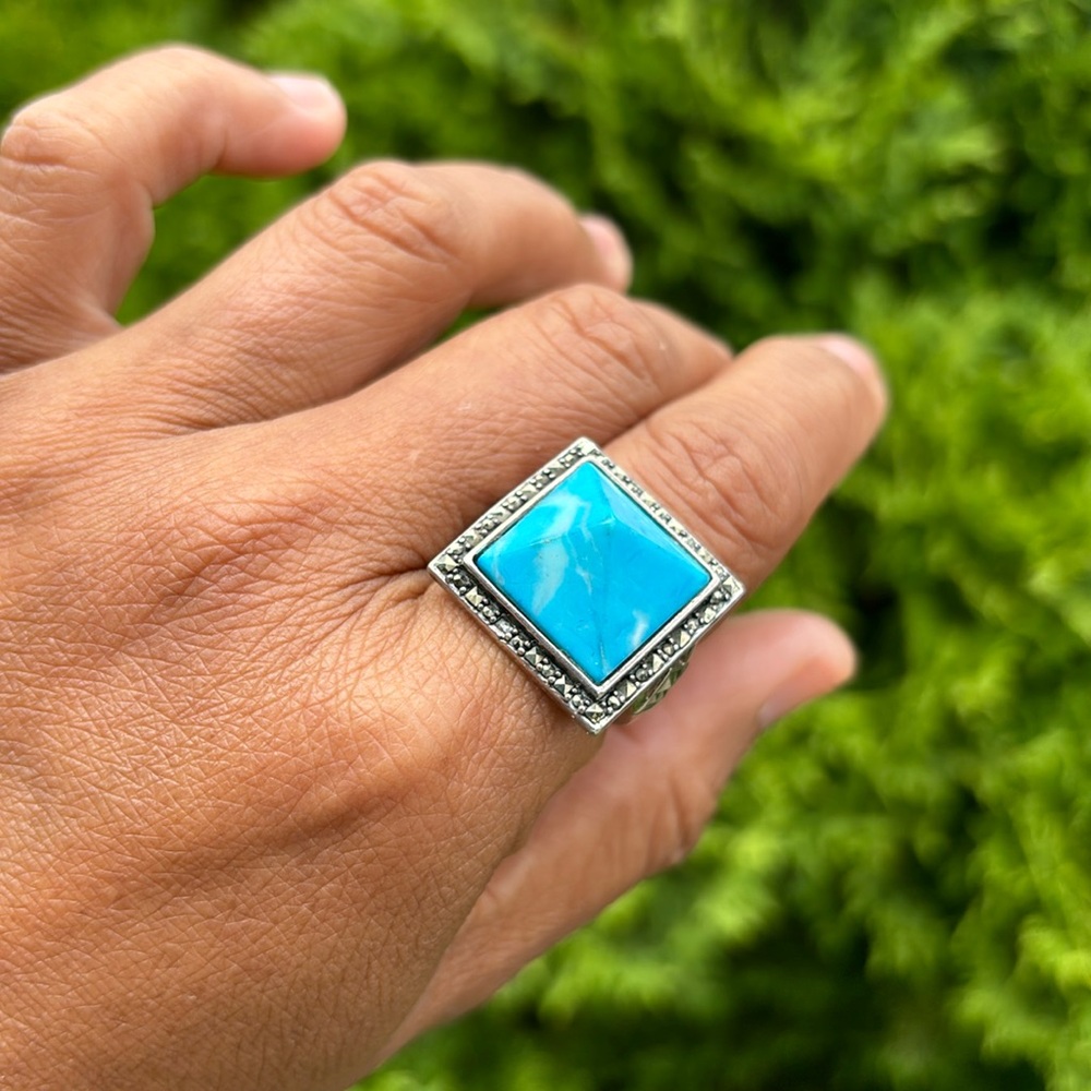Solid Sterling Silver Turquoise And Marcasite Ring - image 1